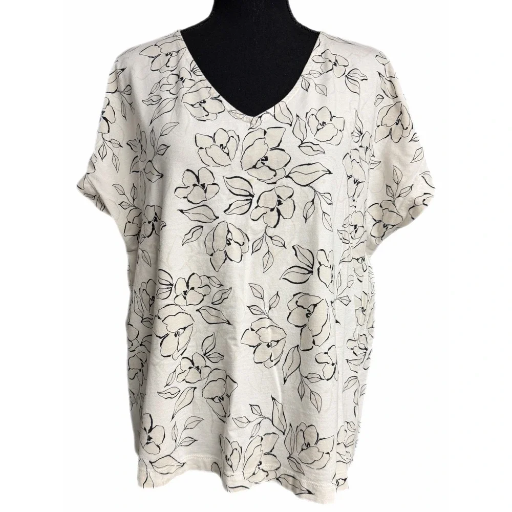 J.Jill Luxe Supima Easy Tee Floral V-Neck Short Sleeve Top Cream Black LP